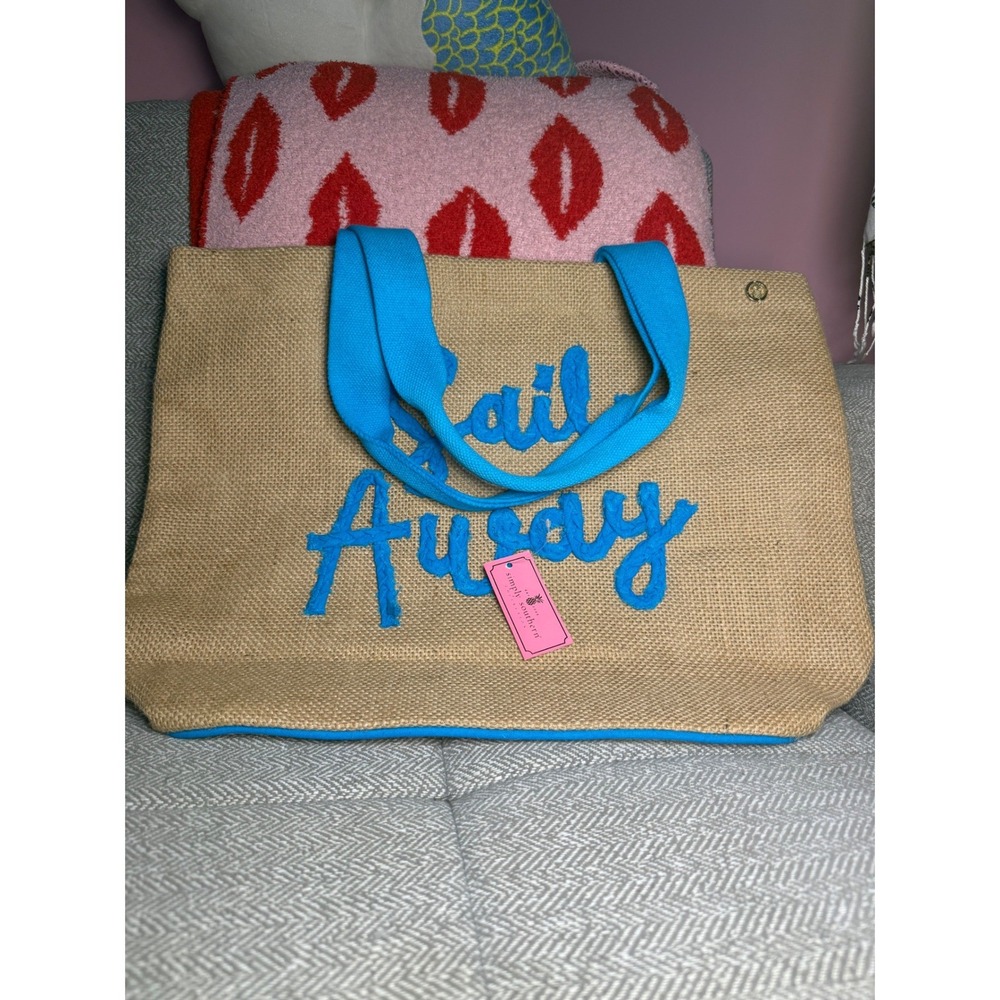 Simply Southern Sail Away Jute Tote Bag Blue Tan Nautical Beach Bag